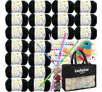 Double Knitting Wool, 20 x 50g Acrylic Crochet Yarn for Knitting, Double Knit Acrylic Wool Super Soft Crochet Yarn with Carry Bag, Crochet Hooks for Blankets, Baby Clothes, Hats, Gloves (Black)