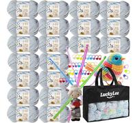 Double Knitting Wool, 20 x 50g Acrylic Crochet Yarn for Knitting, Double Knit Acrylic Wool Super Soft Crochet Yarn with Carry Bag, Crochet Hooks for Blankets, Baby Clothes, Hats, Gloves (Gray-Blue)