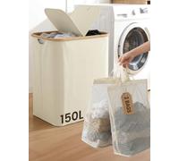 Double Laundry Basket with Lid: 2 Compartments - Sort Laundry as You Go | 2 x 75L Compartments for Dark & Light Clothes, Lift Out Removable Inner Bags Instead of Carrying the Whole Hamper