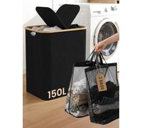 Double Laundry Basket with Lid: 2 Compartments - Sort Laundry as You Go | 2 x 75L Compartments for Dark & Light Clothes, Lift Out Removable Inner Bags Instead of Carrying the Whole Hamper