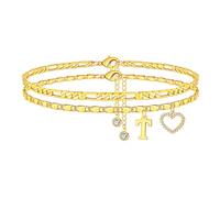 Double-Layer 26-Letter Gold Chain Heart-Shaped Anklet with Cubic Zirconia Heart Charm, Personalized Initial Anklets for Women, Adjustable Summer Beach Jewelry Gift (Gold,K)