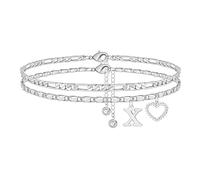 Double-Layer 26-Letter Gold Chain Heart-Shaped Anklet with Cubic Zirconia Heart Charm, Personalized Initial Anklets for Women, Adjustable Summer Beach Jewelry Gift (Silver,F)