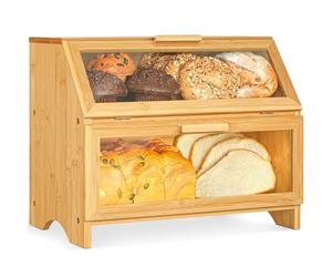 Double Layer Bamboo Bread Bin for Kitchen Countertop - Wooden Bread Box
