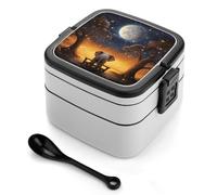 Double-Layer Bento Box Adult All-in-One Design, Animal Elephant Owl Tree Moon Star Lunch Container with Utensils, Leakproof Food Container with Handle Portable Insulated Lunch Box for Work Camping