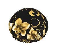 Double-layer black and gold flowers Print shower cap great for showers,cooking,spa and makeup-fits long hair.