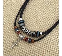 Double Layer Black Tribal Necklace Carved Pattern Cross Design Pendant