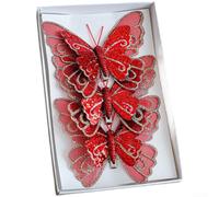 Double Layer Butterfly Clip Ornament with Glitter Mesh for Christmas Tree Decoration Easy to Attach Pendant Ornament with Clip for Tree Wreath Garland Set of Three Pieces (Red)
