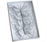 Double Layer Butterfly Clip Ornament with Glitter Mesh for Christmas Tree Decoration, Easy to Attach Pendant Ornament with Clip for Tree Wreath Garland Set of Three Pieces (Silver)