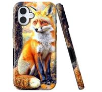 Double Layer Case for iPhone 16 Plus 6.7", Slim Shockproof Hard Phone Protective Cover for Men & Women, Hybrid TPU+PC Anti-Scratch Protective Durable Cute Phone Case, Fox Autumn
