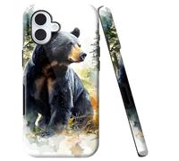 Double Layer Case for iPhone 16 Plus 6.7", Slim Shockproof Hard Phone Protective Cover for Men & Women, Hybrid TPU+PC Anti-Scratch Protective Durable Cute Phone Case, Black Bear Nature