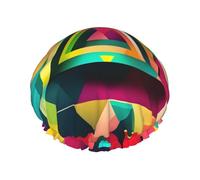 Double-layer Colorful Triangle pattern Print shower cap great for showers,cooking,spa and makeup-fits long hair.