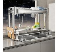 Double Layer Dish Drain Rack for Kitchen Sink 67-97 cm 304 Stainless Steel with Hooks Adjustable Height Space-Saving Dish Drying nizer Single Layer Option Available.