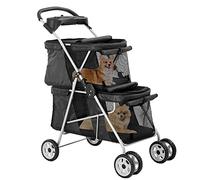 Double Layer Dog Strollers for 2 Small Dogs, 4 Wheels Pet Stroller for Cats/Dogs, Folding Double Decker Jogger Stroller, Portable Crate Stroller with Removable Liner/Storage Basket/Rear Wheel Break