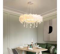 Double-Layer Feather LED Pendant Light with Heart-Shaped Crystal Accents - Romantic Ceiling Centerpiece, 40W, 4400lm, White