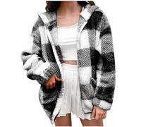 Double Layer Fleece Jacket Women Plus Size Fluffy Zipper Coats With Hood Checked Casual Shaggy Coats With Pocket Drawstring Warm Fuzzy Teddy Fleece Hoodies Sweatshirts Shirts Jacket Black 3XL