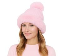 Double-Layer Fleece-Lined Women’s Winter Beanie Hat with Pom Pom, Warm Fur Hat Pink