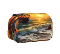 Double Layer Flip Top Pencil Case, Large Capacity 20cm Oxford Fabric School Supply Organizer for Students Teens, pen bag for Travel Sketching, pirate ship in the sunset, Exam Essential Stationery Box