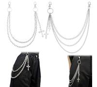 Double Layer Gothic Punk Jeans Chain Set - Alloy Metal Trousers Chain for Wallet Keyring Decoration - Silver Tone Biker Belt Loop Clip Chain for Men and Women