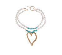 Double Layer Heart Pearl Necklace Choker Layered Irregular Turquoise Necklaces Colorful Turquoise Statement Necklace Red Blue for Women Christmas Gift, Middle, turquoise, No Gemstone