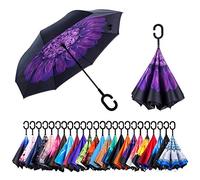Double Layer Inverted Umbrella Cars Reverse Open Folding Umbrellas, Windproof UV Protection Large Self Stand Upside Down Straight Umbrella for Golf Women and Men with C-Shaped (Violets)