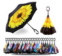 Double Layer Inverted Umbrella with C-Shaped Handle, Anti-UV Waterproof Windproof Straight Umbrella for Car Rain Outdoor Use (Yellow Daisies)