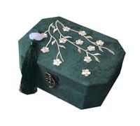 Double Layer Jewelry Box, Floral Embroidered Bracelet and Necklace Storage with Tassel, Dark Green Flannel Jewelry Organizer Gift wrapping