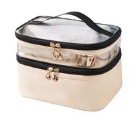 Double Layer Makeup Bag Waterproof, Spacious Alloy Zippers Durable Handle Essential Organizer for Home and Travel (Beige)