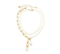 Double Layer Pearl Choker Necklace Layered Teardrop Pearl Paperclip Necklace Stackable Gold Paper Clip Chain Necklaces for Women Wedding Jewelry, Middle, Plastic, No Gemstone