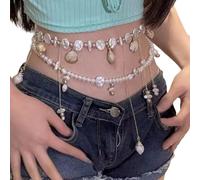 Double Layer Pearls Conch Shell Tassels Waist Jewelry Coastal Beach Body Chain For Women Girls Portable Alloy Designs Layer Waist Necklace