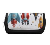 Double Layer Pencil Case with Front Pocket - Cartoon Rockets Large Capacity Pen Organizer Aesthetic Holder Box Storage Bag for Office Supplies, Art Pencils, Makeup Brushes
