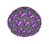 Double-layer Purple Butterflies Print shower cap great for showers,cooking,spa and makeup-fits long hair.