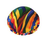 Double-layer Rainbow Color stripe Print shower cap great for showers,cooking,spa and makeup-fits long hair.