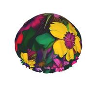 Double-layer Rainbow Flowers pattern Print shower cap great for showers,cooking,spa and makeup-fits long hair.
