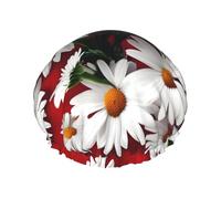 Double-layer Red Flower and White Daisy Print shower cap great for showers,cooking,spa and makeup-fits long hair.