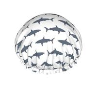 Double layer reusable shower cap with fish and sharks print, fits most head sizes