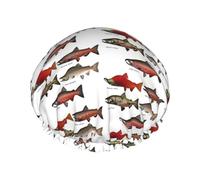 Double Layer Salmon Printed Shower Cap Reusable Lightweight And Soft Bath Cap For Women