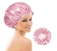 Double Layer Shower Cap Elastic, Reusable 100% Waterproof Shower Caps With Ruffled Edge Covering Ears for women, Silky Satin Cap for All Hair Lengths for SPA, Facial Mask Care, Showers (Pink)