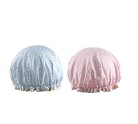 Double Layer Shower Cap for Women, 2 Pack Elastic Band Reusable Shower Cap for Hair, Waterproof Plastic Shower Cap with Ruffles Covering Ears, Suitable for Long, Short and Curly Hair, Blue, Pink