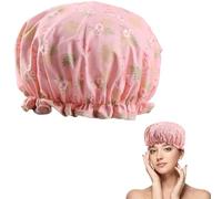 Double Layer Shower Cap for Women Waterproof Reusable Elastic Band, Ruffled Edges Covering Ears for Long, Short & Curly Hair (Pink Flamingo)