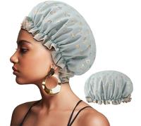 Double Layer Shower Cap for Women Waterproof Reusable Elastic Band, Ruffled Edges Covering Ears for Long, Short & Curly Hair (Green Heart)