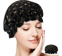 Double Layer Shower Cap for Women Waterproof Reusable Elastic Band, Ruffled Edges Covering Ears for Long, Short & Curly Hair (Black Heart)