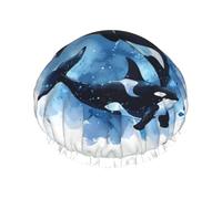 Double Layer Shower Cap Reusable Waterproof Shower Cap Watercolor killer Whale Shower Caps for Women Uk
