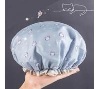 Double Layer Shower Cap with Waterproof Polyester and PEVA, Cartoon Gold Foil Print, Elastic Band Design for Breathable and Reusable Hair Protection (cat)