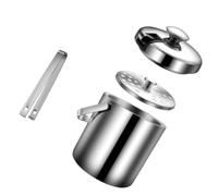 Double Layer Stainless Steel Ice Bucket with Lid, 1.3L Silver | Double-wall Insulation, Smooth Inner Surface, Thick Handle, Strainer and Tong Included for Bar Use