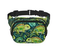 Double Layer Waist Bag for Men & Women,Adjustable Waterproof Running Belt,Multi-Functional Fanny Pack with Curious Chameleon Print for Travel,Hiking,Fitness
