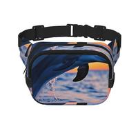 Double Layer Waist Bag for Men & Women,Adjustable Waterproof Running Belt,Multi-Functional Fanny Pack with Dolphin at Dusk Print for Travel,Hiking,Fitness