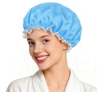 Double Layer Waterproof Shower Cap With Elastic Band, Reusable Bath Cap for Women -Large Waterproof Plastic Shower Hat for Long, Short and Curly Hairs Spa Salon (Blue)