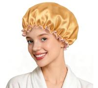 Double Layer Waterproof Shower Cap With Elastic Band, Reusable Bath Cap for Women -Large Waterproof Plastic Shower Hat for Long, Short and Curly Hairs Spa Salon (Champagne)