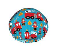 Double Layer Waterproofs Shower Cap for Women red fire truck cartoon Reusable Bath Shower Caps for all Hair Lengths