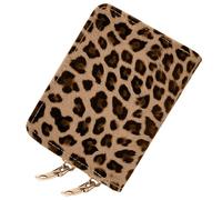 Double-layer women's currency storage bag, zipper-style card storage pocket, compact and portable 14-position large-capacity storage bag, Leopard print brown, Modern Stylish